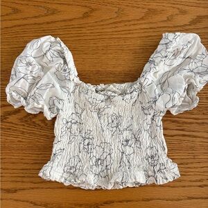 Floral Puff Sleeve Smocked Top - White